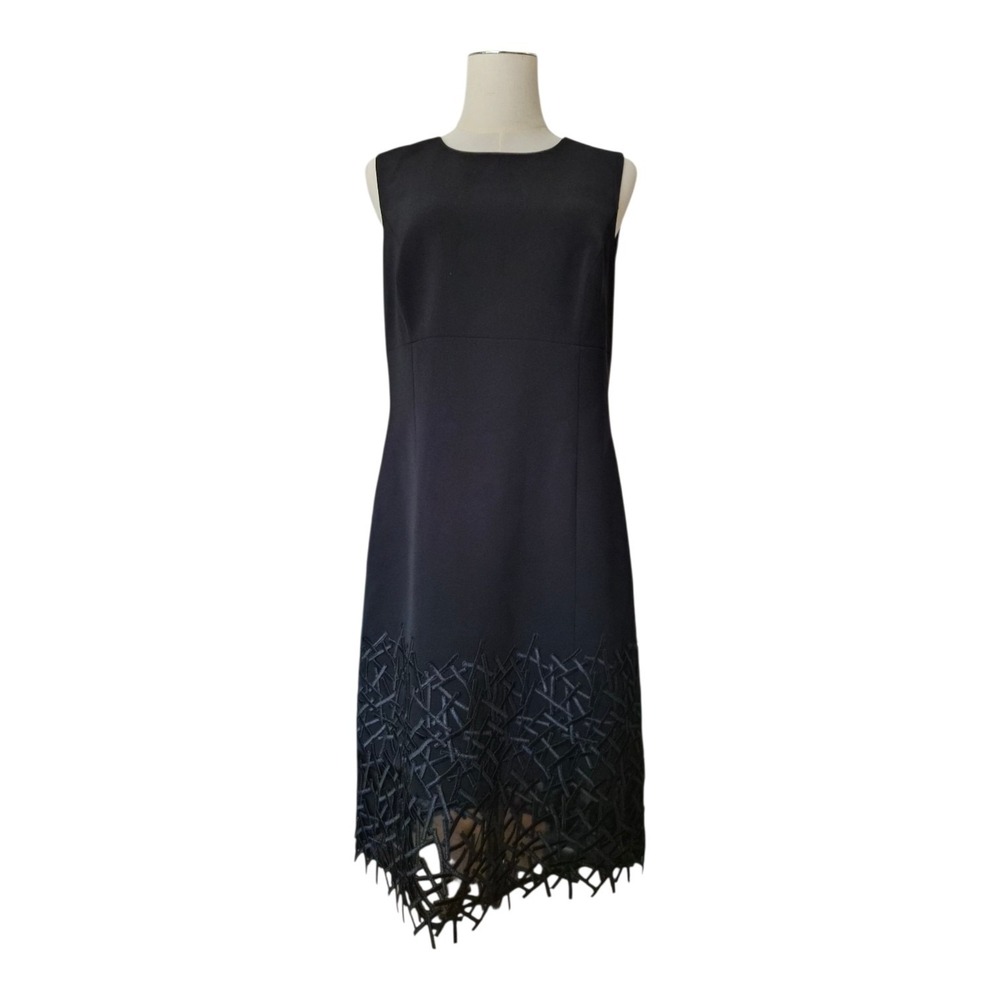 Carlisle Black Sleeveless Sheath Dress Silk Trim Laser Cut‎ Hem Size 10